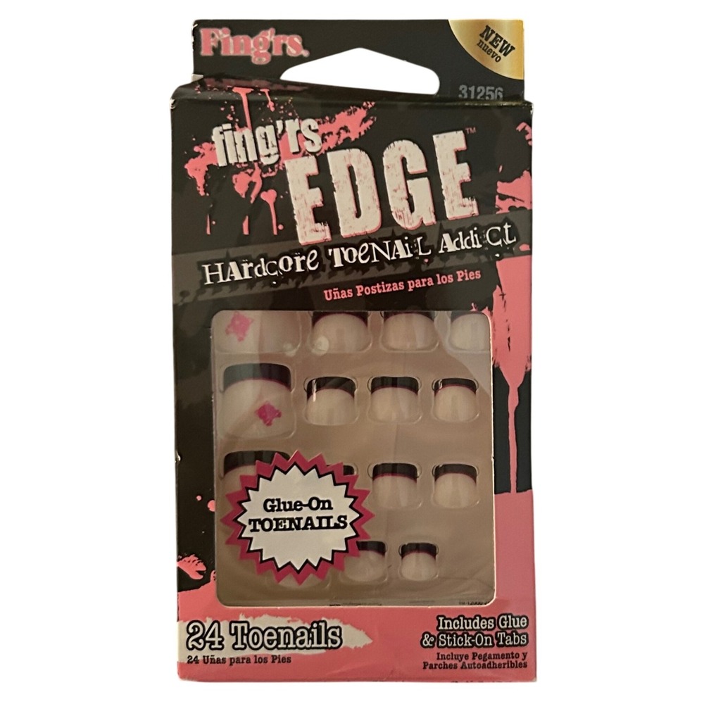 Fingrs Edge Hardcore Toenails 24 Count Glue‎ On French Tip Pink Accent New